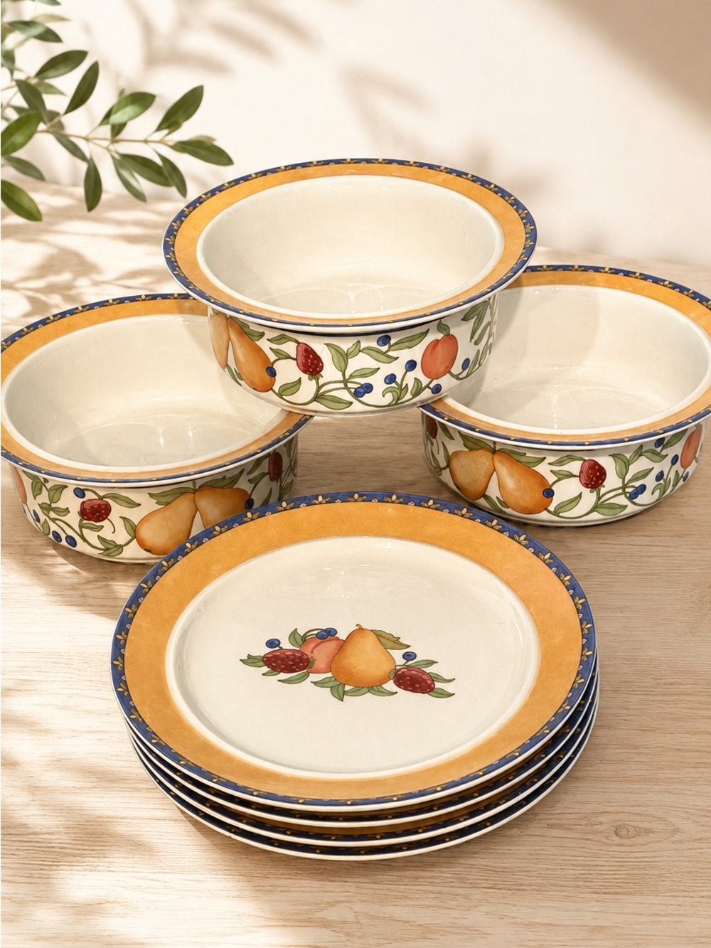 Dansk Fiance Fruits Dinnerware Set of 7 Bowls & Plates Thailand Vintage